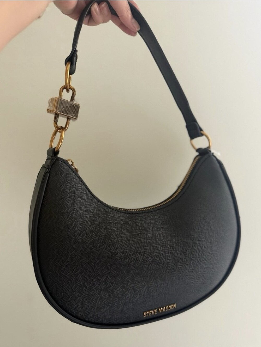 Steve Madden Black Crescent Shoulder Bag with Gold Accents